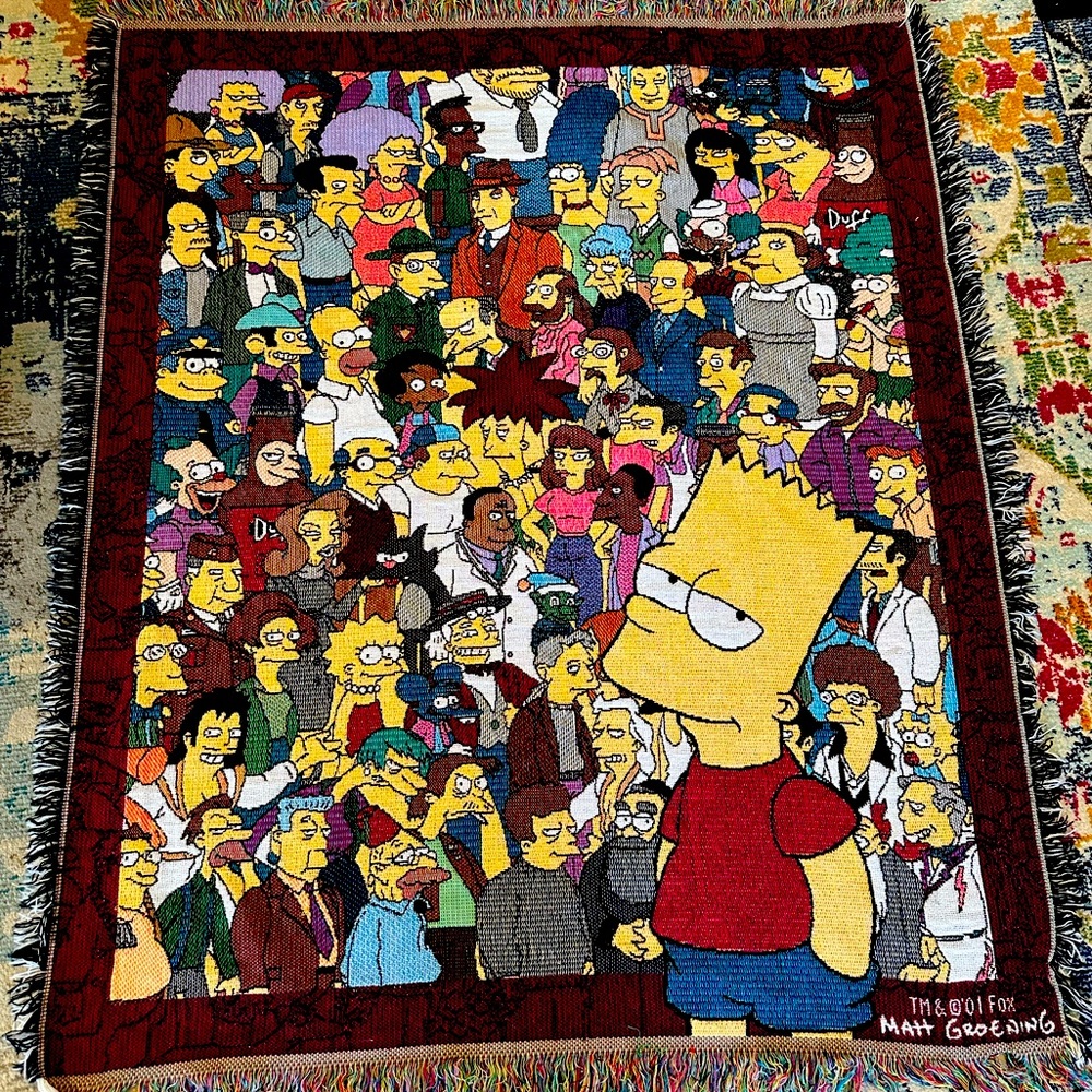 RARE Simpsons Woven Tapestry Fringe Throw Blanket 2001 Bart And Cast